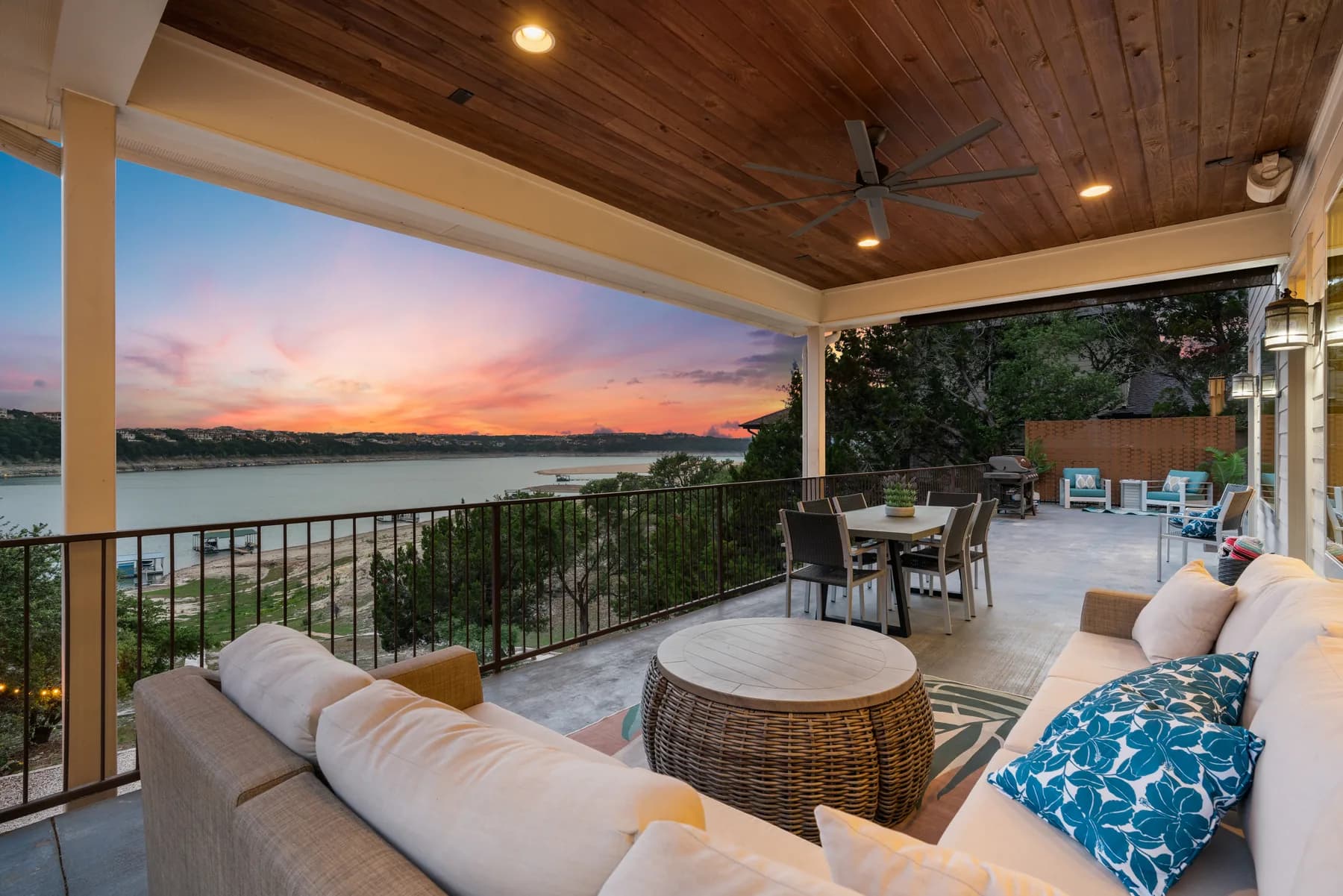 Lake-area vacation home with water views and outdoor seating